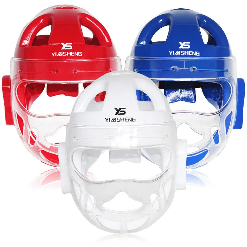 Karate helmet protective equipment in white, blue, and red colours available in multiple sizes