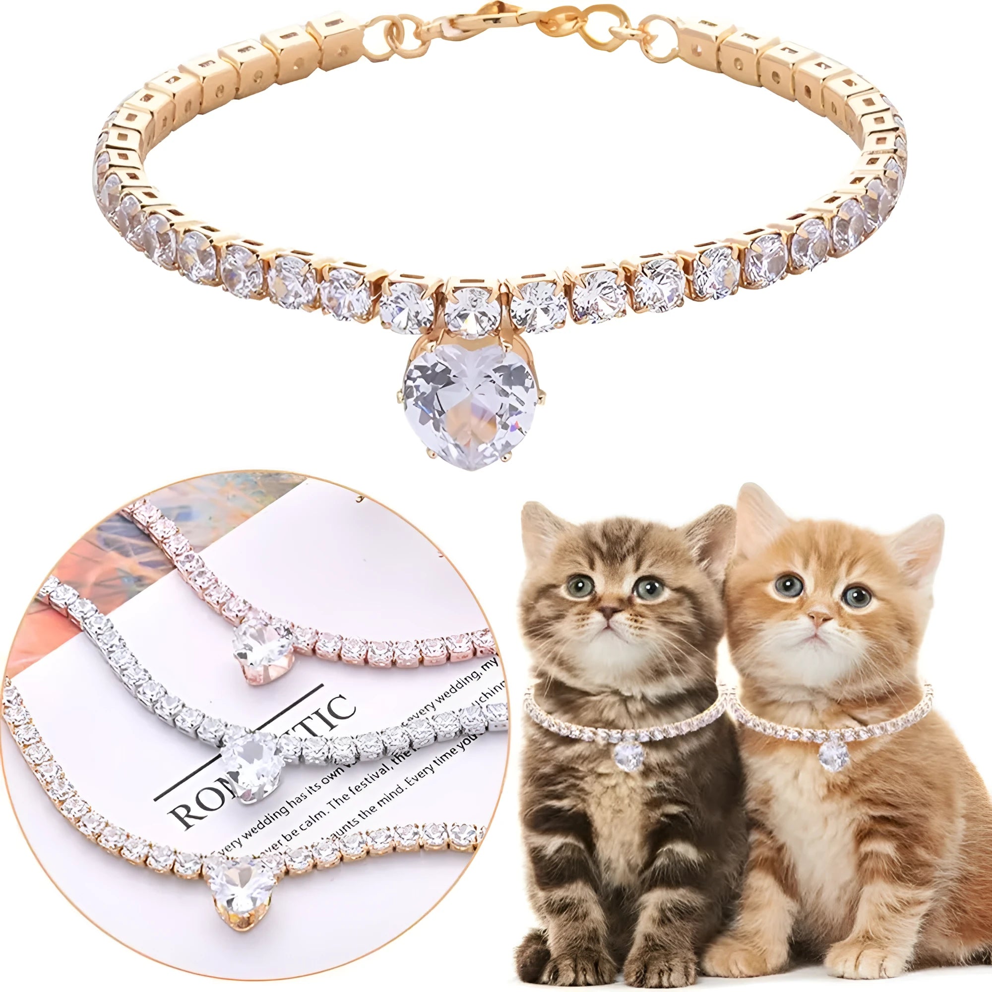 Gold heart-shaped rhinestone dog collar on a white background, showing adjustable chain.
