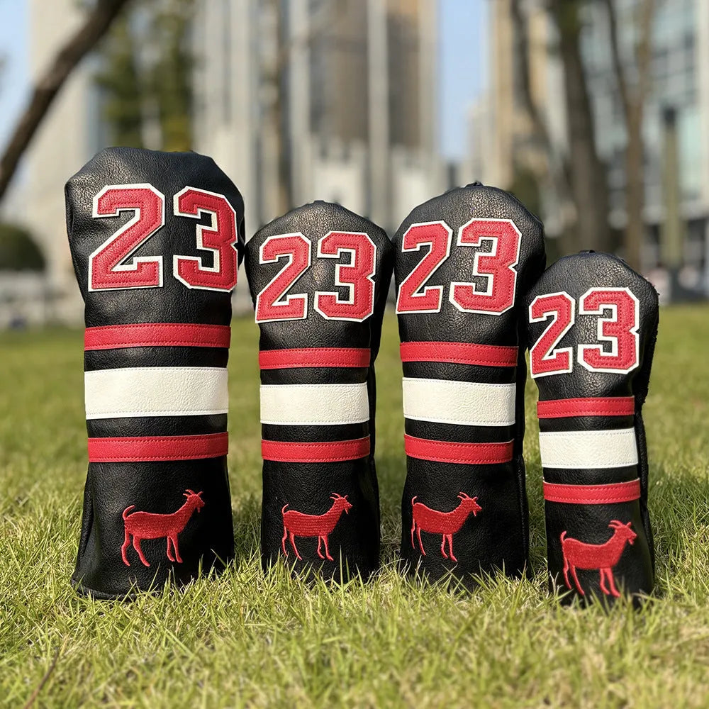 Set of PU golf club head covers in various colours including red, black, white, and yellow sleeves for woods and a square putter