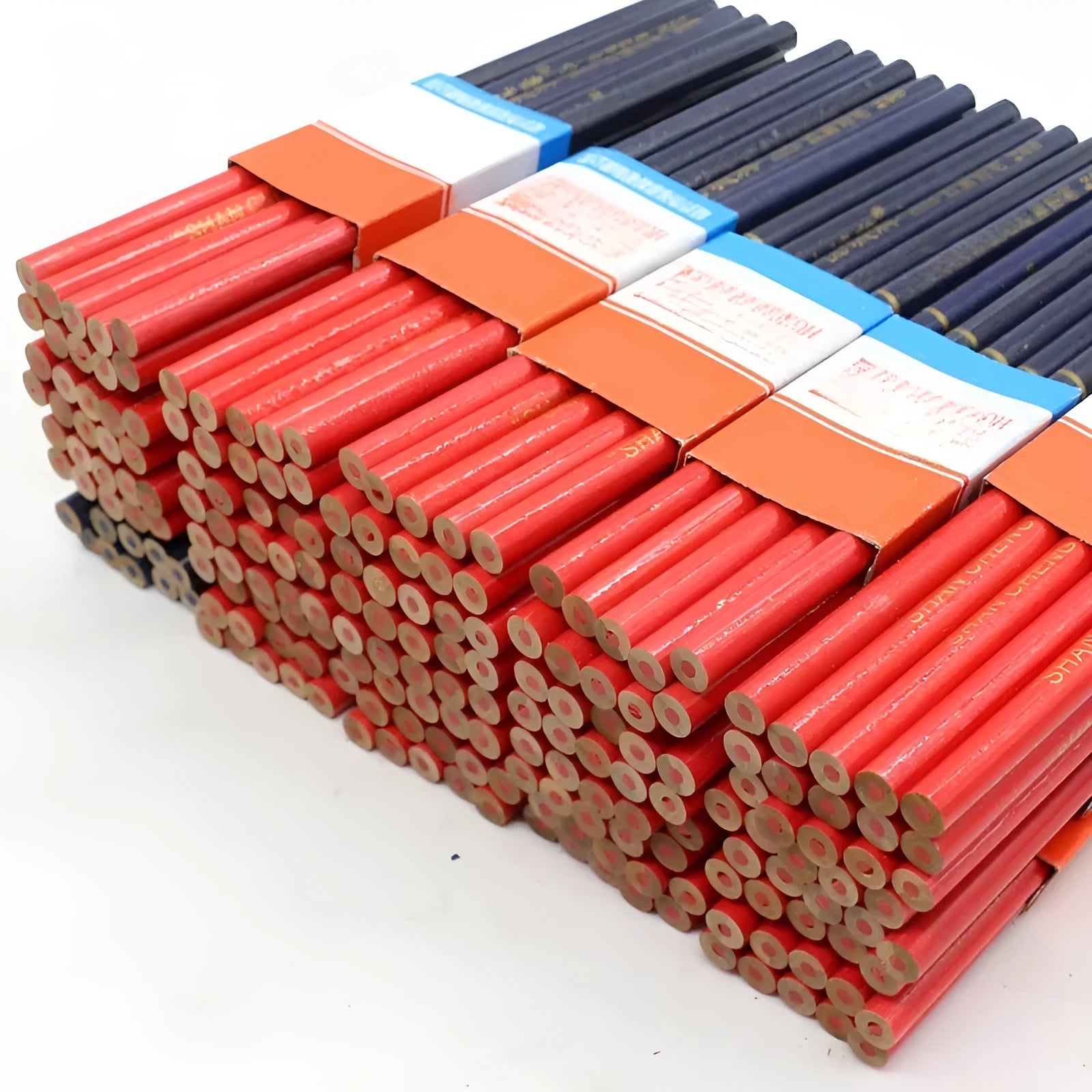 Red and blue two-colour round wooden carpenter's pencil