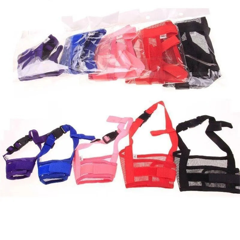 Adjustable plastic basket dog muzzle shown in multiple colours and sizes for biting and barking control.
