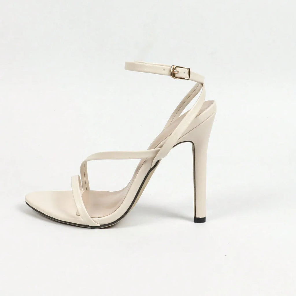 Women's gold high heels with round toe, open toe design and cross ankle straps