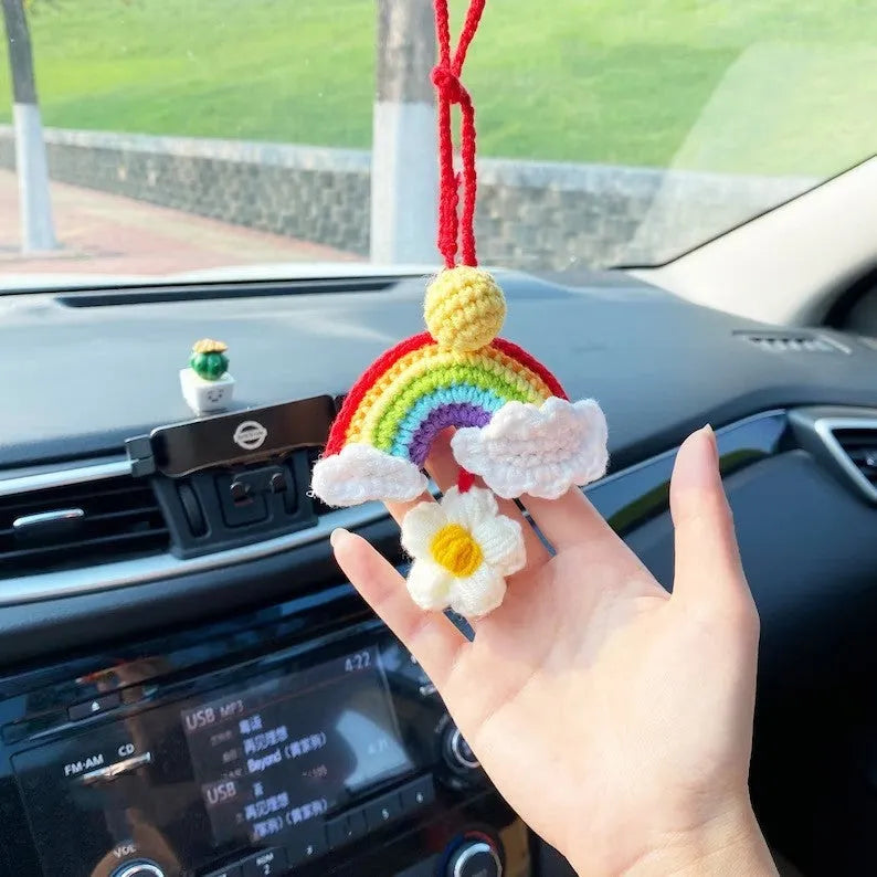 Handmade crocheted avocado rainbow flower car pendant in wool yarn for colourful vehicle interior decoration