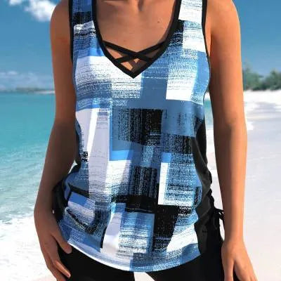 Women's printed split boxer swimsuit set with a top and shorts in a choice of colours.