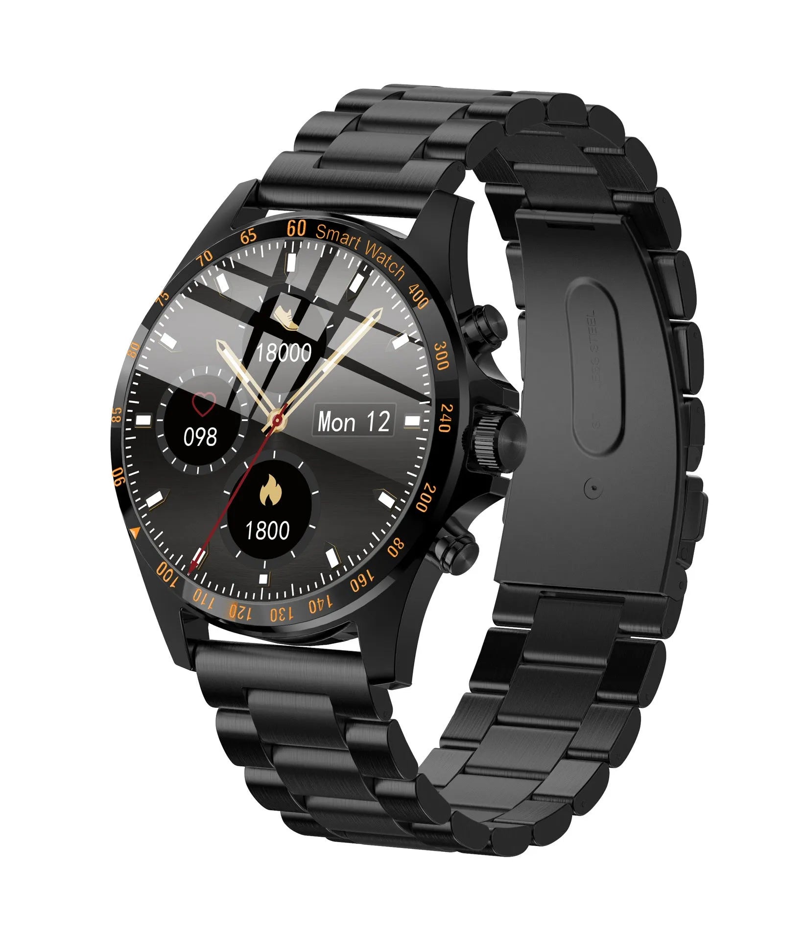 Full-touch HD smart watch with heart rate monitor and step counter, black silicone strap
