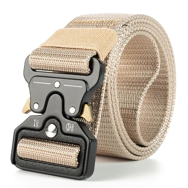 Men's thick canvas tactical belt with alloy release buckle shown in Army Green colour