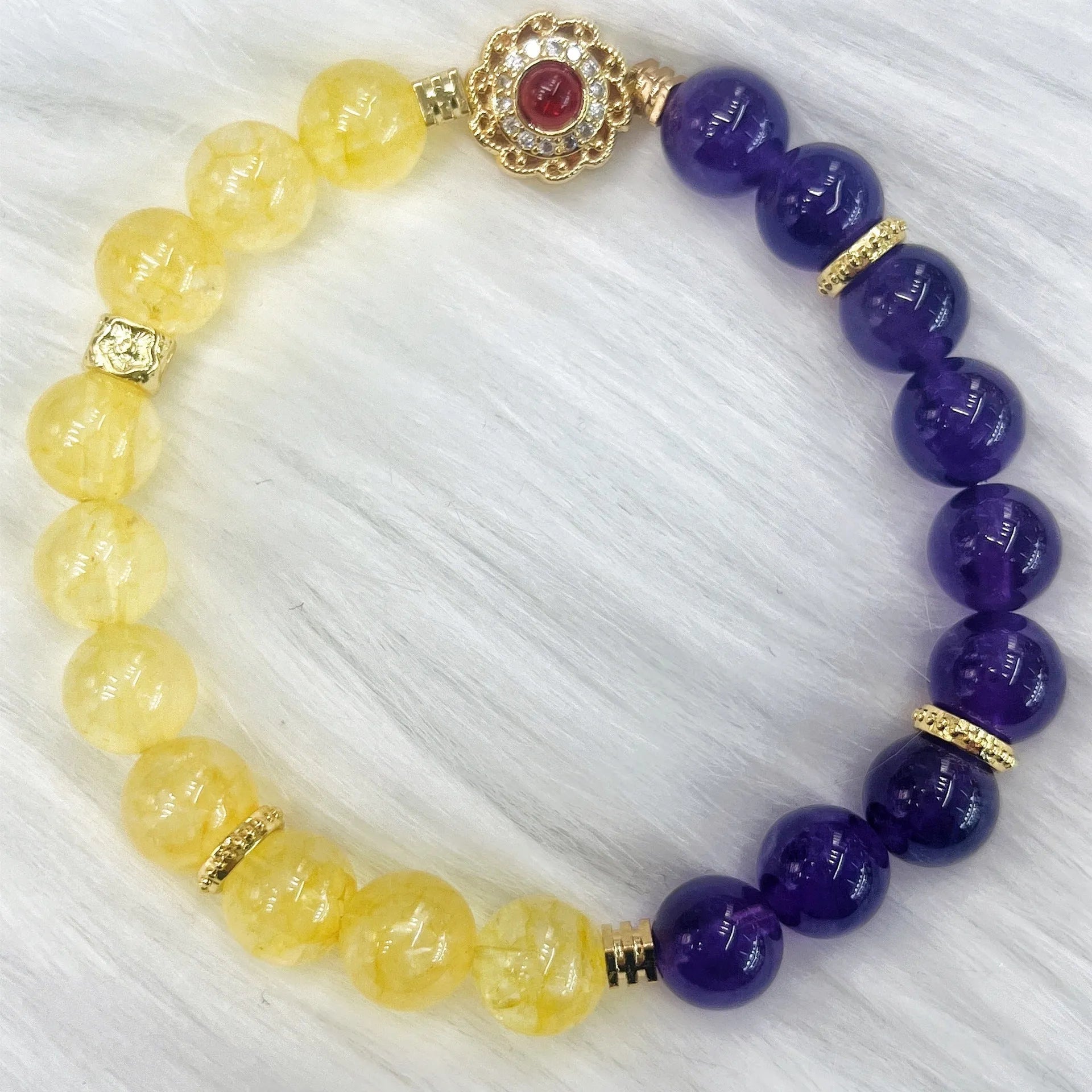 Handmade yellow and purple crystal amethyst bracelet for women showing artisan craftsmanship