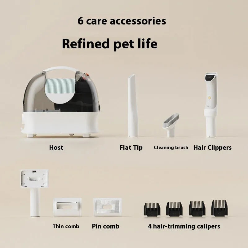Pink and white pet hair vacuum cleaner and grooming shaver kit with attachments on a white background.