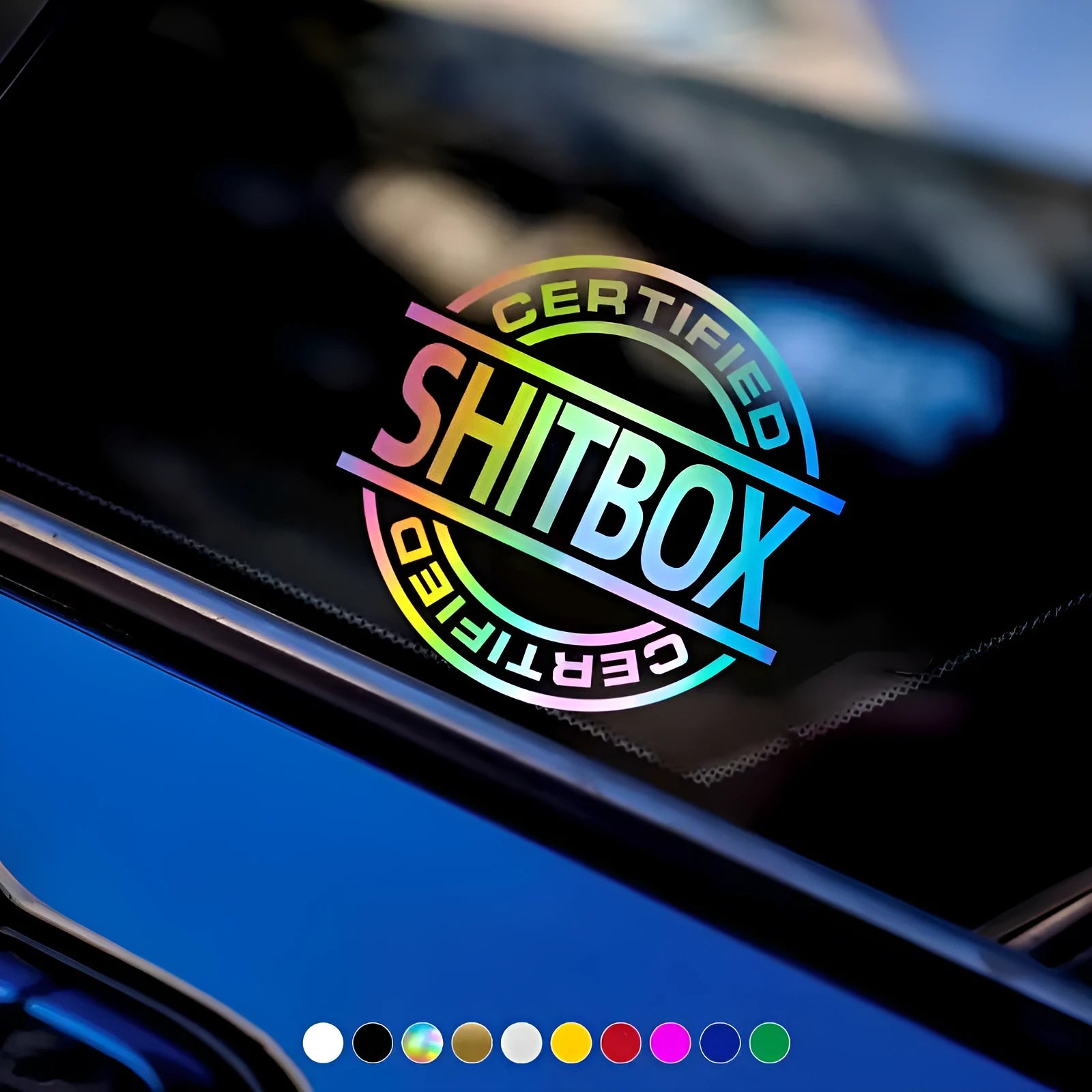 13 by 12 cm rectangular vinyl car sticker showing available colour options