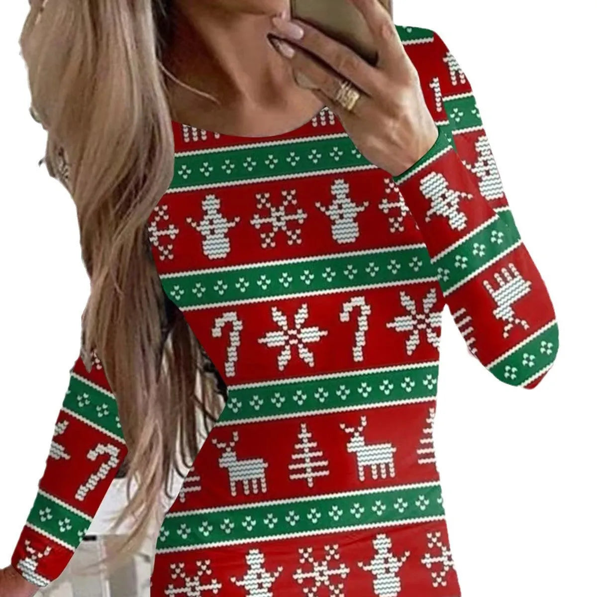 Red Christmas dress with flower print, round neck, long sleeves, and a tight-fitting short hip skirt.