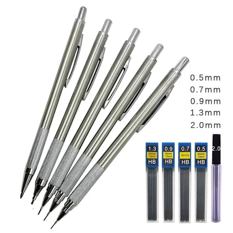Metal automatic mechanical pencil with 2B graphite refill showing lead size options