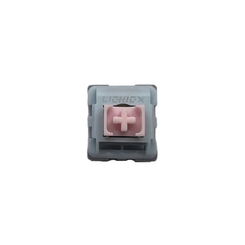 Four custom linear silent mechanical keyboard switches showing three-colour POM shaft core.