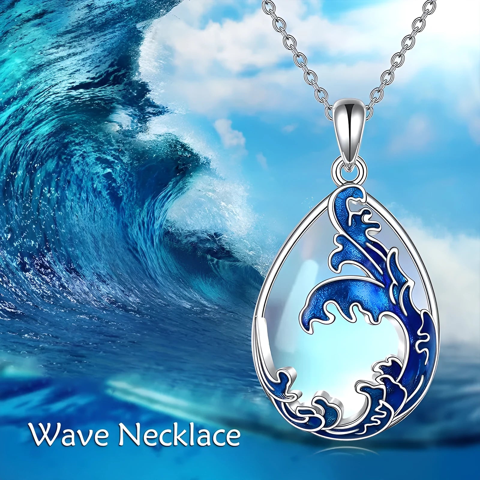 Blue heart-shaped alloy pendant necklace on chain for women