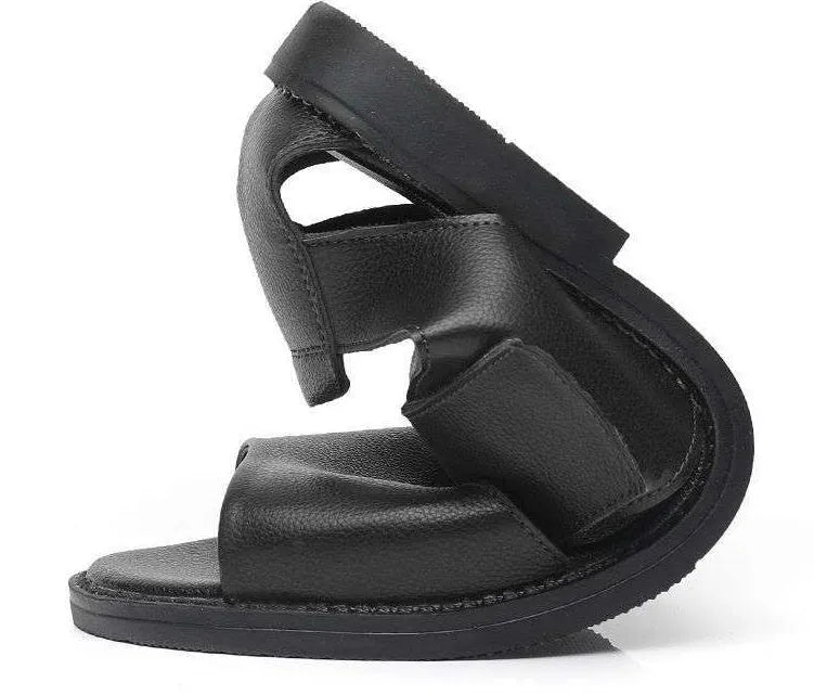 Men's black and brown Roman-style casual leather sandals with open toe and rubber sole