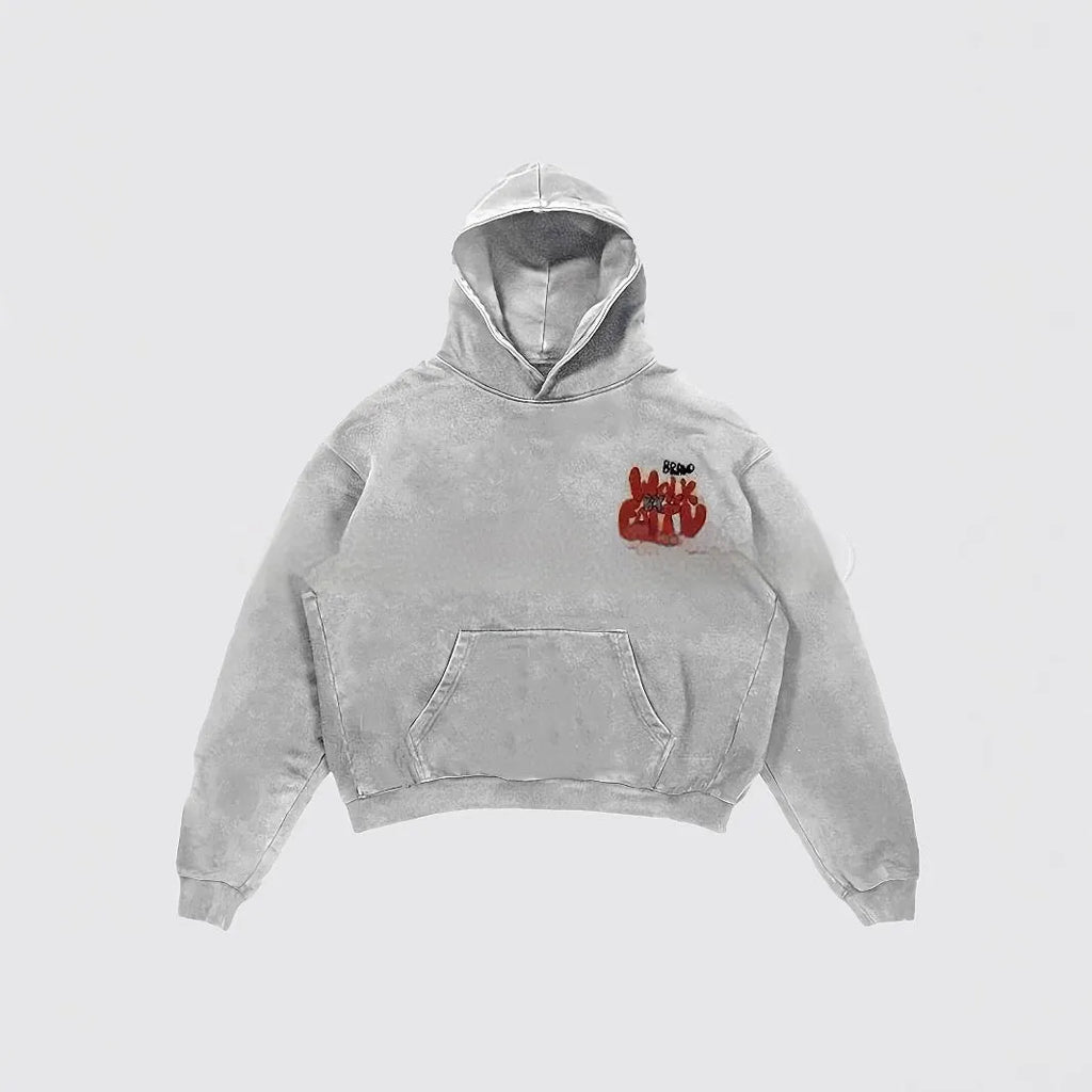 Granny Grey women's hoodie with black character letter print, long sleeves, and a front pocket.