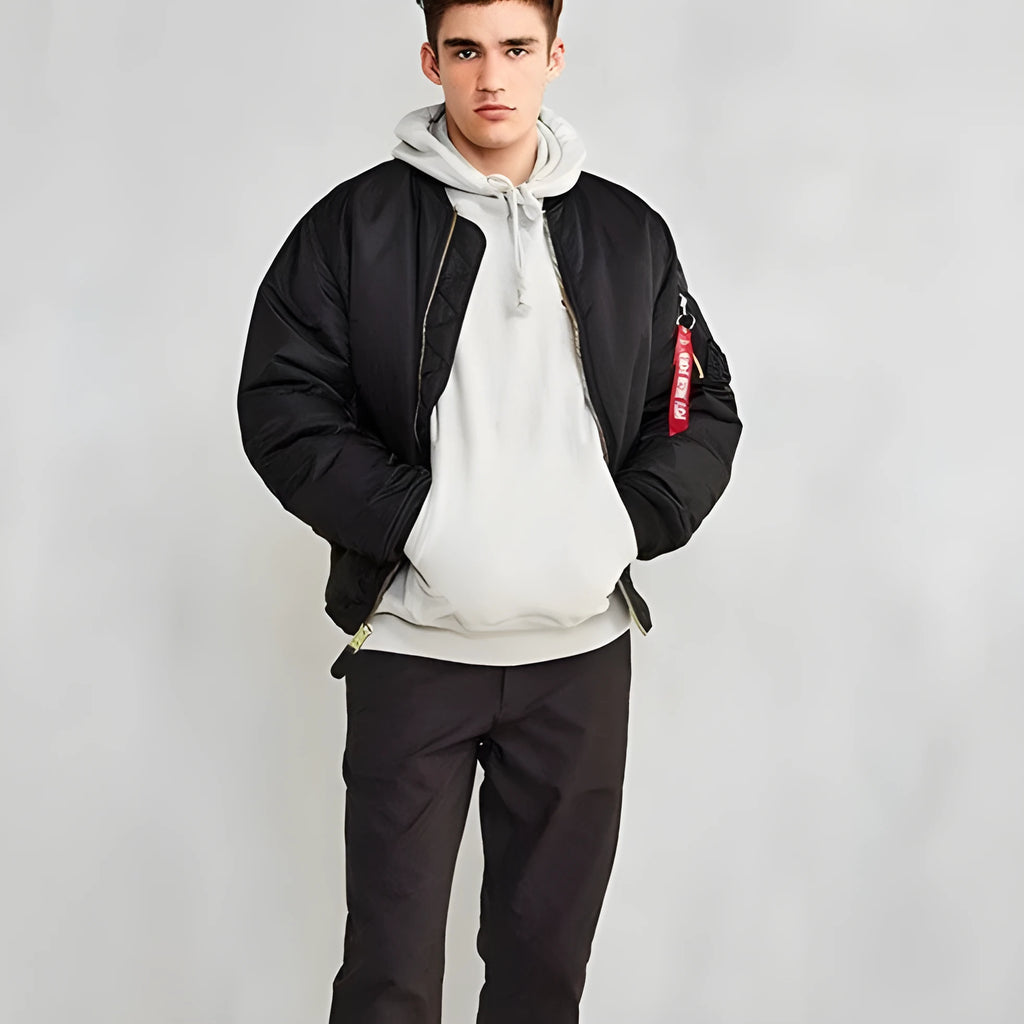 Men's Army Green loose fit cotton-padded pilot jacket with workwear styling on a hanger.