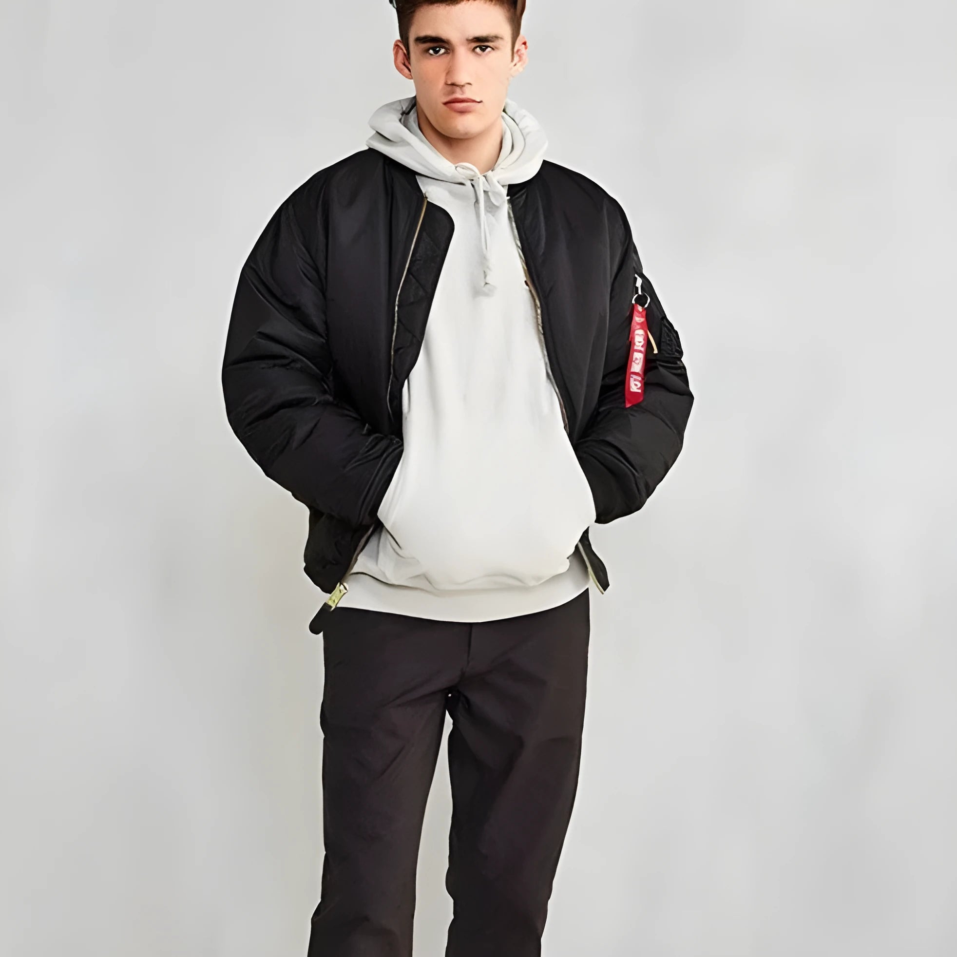 Men's Army Green loose fit cotton-padded pilot jacket with workwear styling on a hanger.