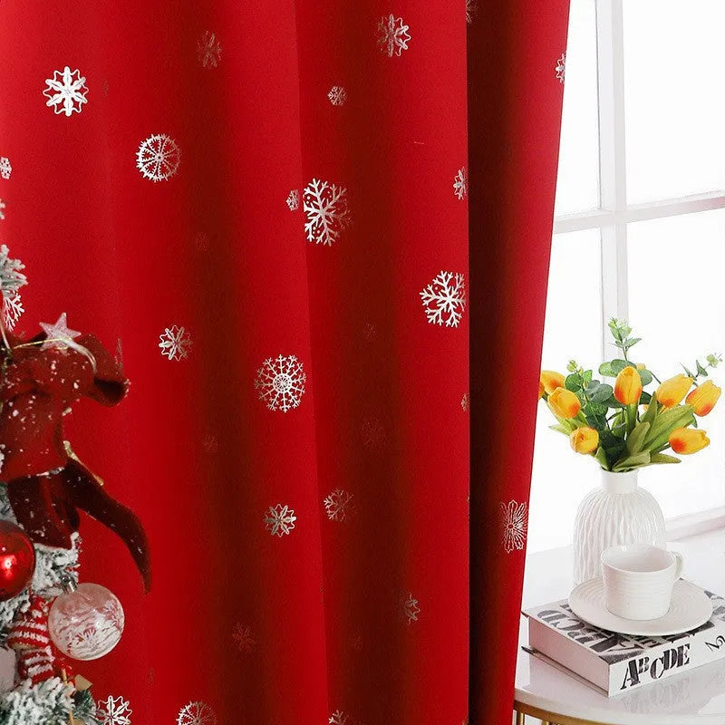 Snowflake pattern shade cloth curtain in green or red with lace loop or iron hoop styling