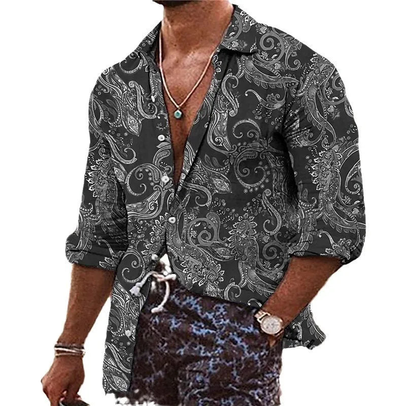 Men's loose fit polyester shirt with 3D flower pattern printing in long sleeve design