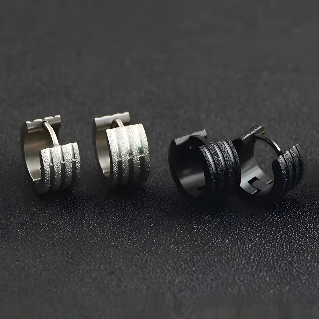 Geometric three-line frosted titanium steel earrings in steel, black, or gold colour options