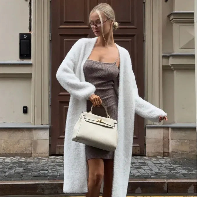 White knitted women's cardigan jacket with 105cm length and loose fit