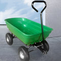 Green four-wheel plastic dump truck with steel frame and tipping bed for agricultural use.