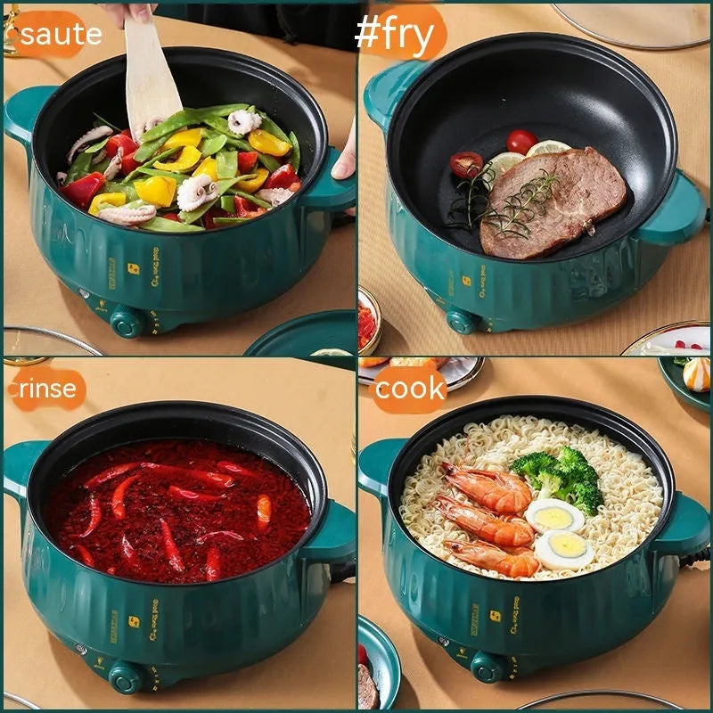 Integrated electric cooking pot with non-stick interior and stainless steel body in white or green finish