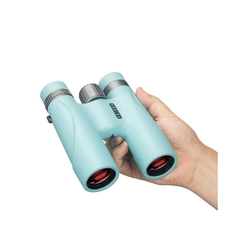 Blue 10x32 binoculars with wine red film imaging showing 16mm eyepiece and 32mm objective lens
