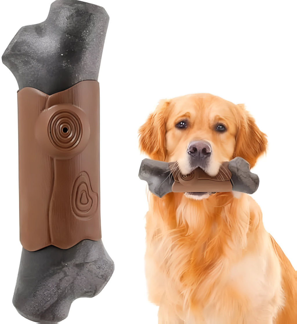 Large branch-shaped nylon dog chew toy for aggressive chewers, bacon-flavoured with a squeaker inside.