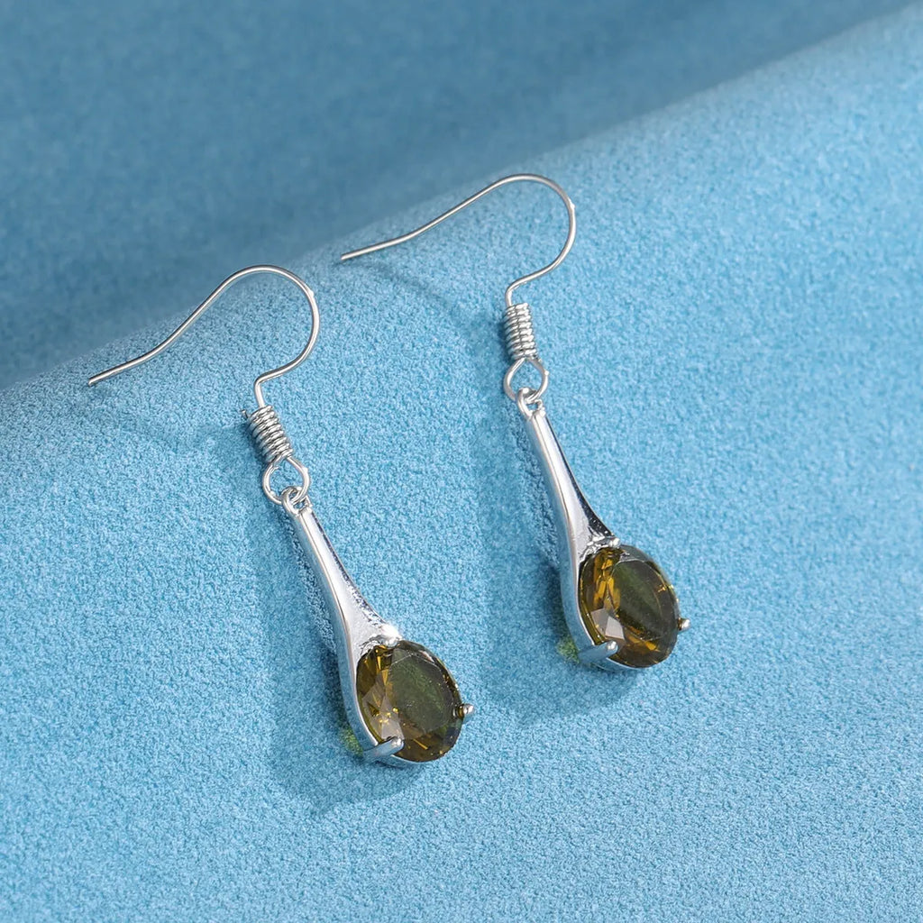 Olive green topaz drop earrings with water drop shape and retro style
