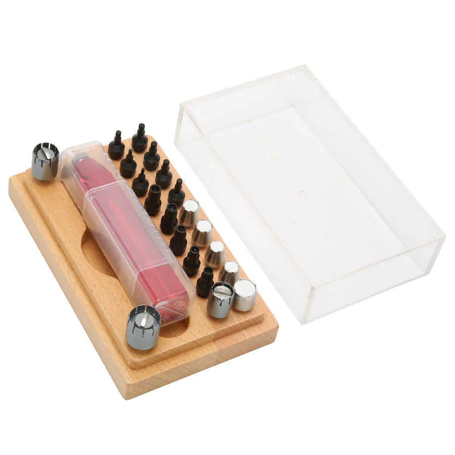 20 steel watch case opening tools organised in a black rectangular storage case.