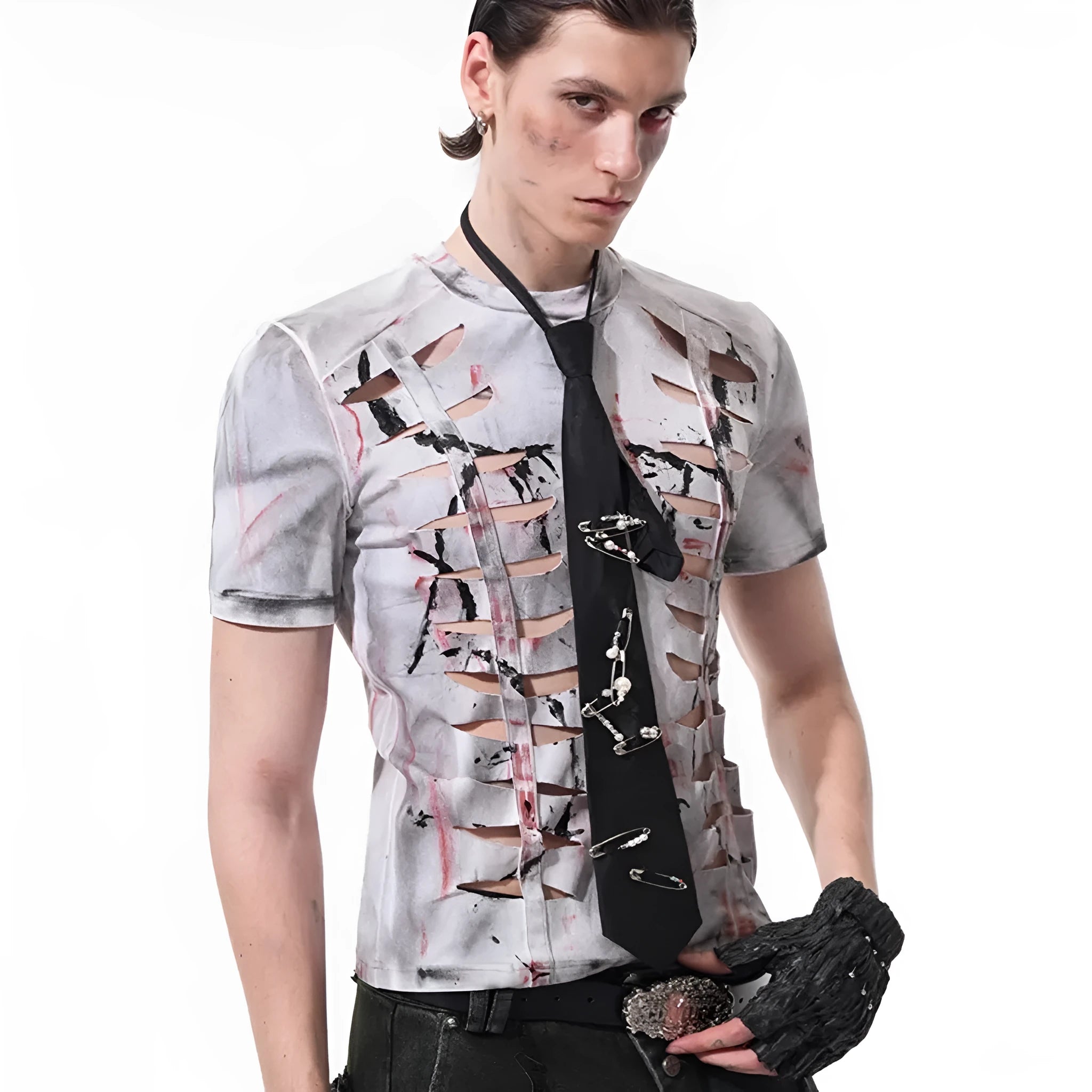 White men's cut hollow-out tight stretch cotton short sleeve round neck T-shirt
