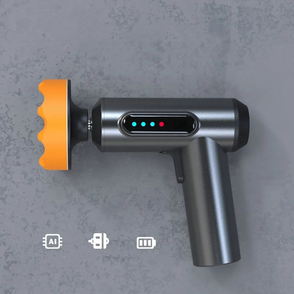 Cordless electric waxing and polishing machine with white ABS body and a grey polishing disc.