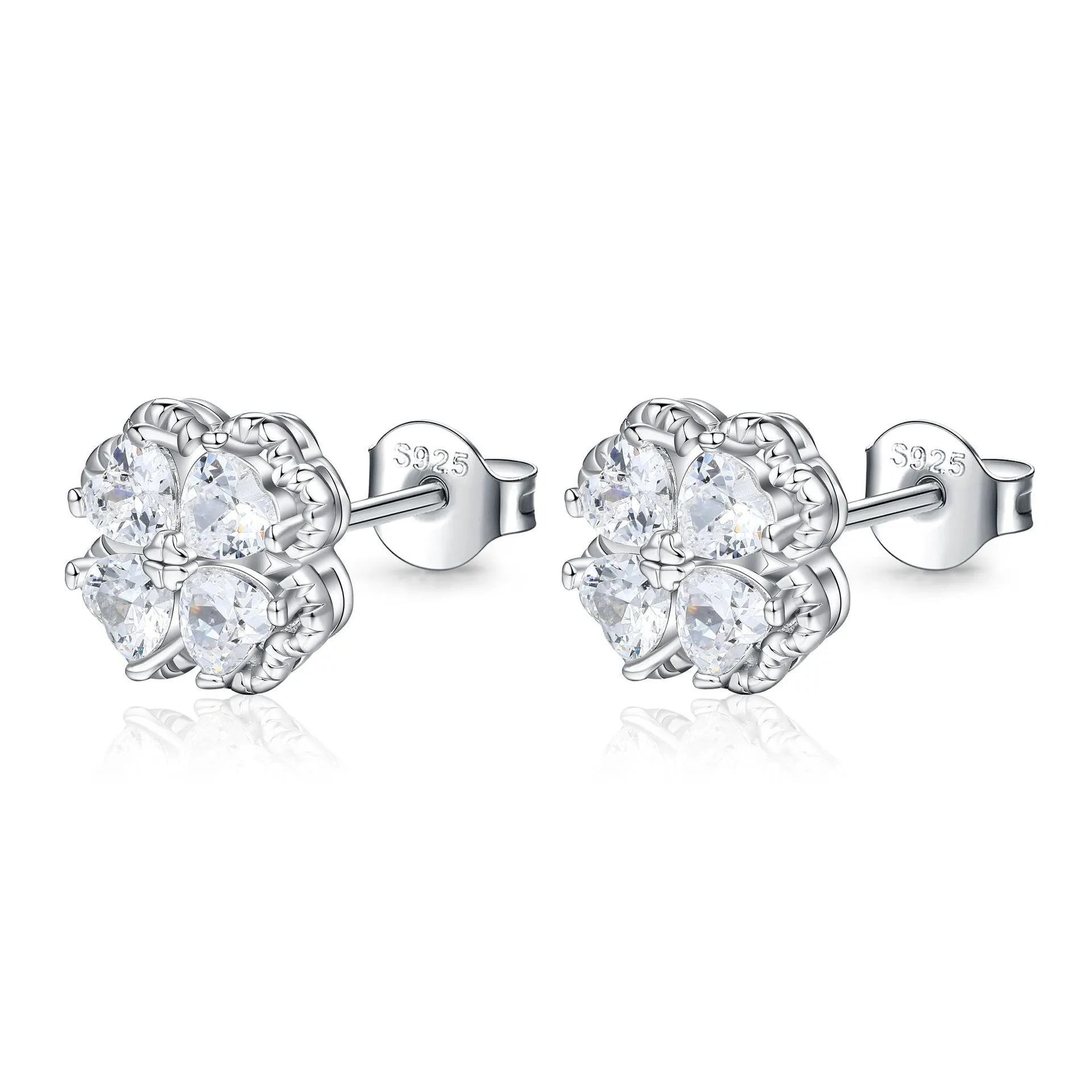 Zeng Yin four-leaf clover heart shape 925 silver earrings with zircon stones and white gold colour finish