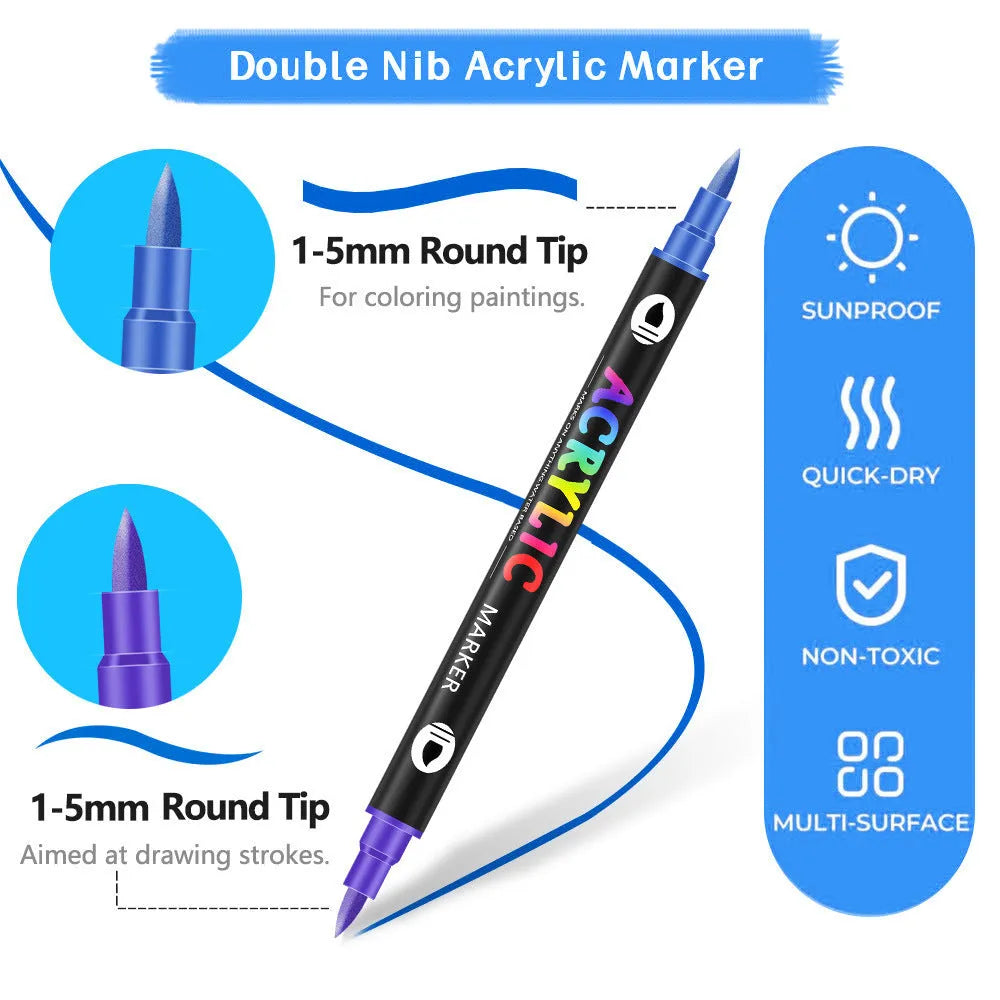 Double-headed acrylic marker pens with washable quick-drying ink in multiple colour sets