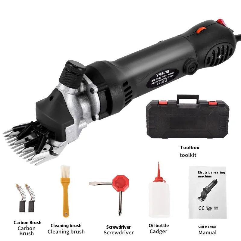 Yellow electric wool shearing machine with 110V plug and multiple cutter sets in plastic case