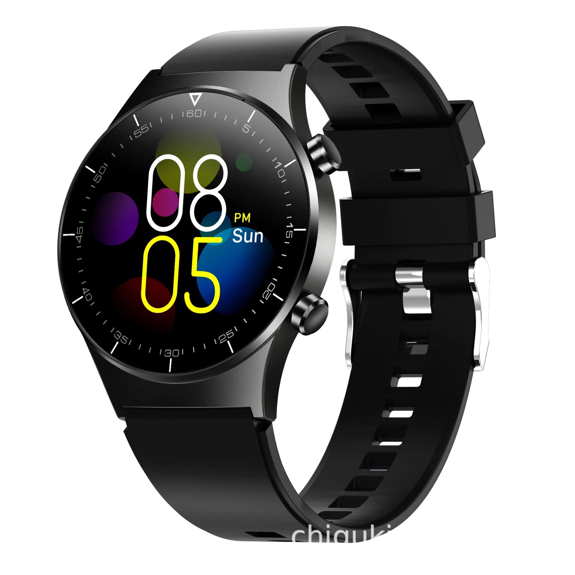 Black TPU smart watch with 1.3-inch touchscreen displaying heart rate and activity metrics