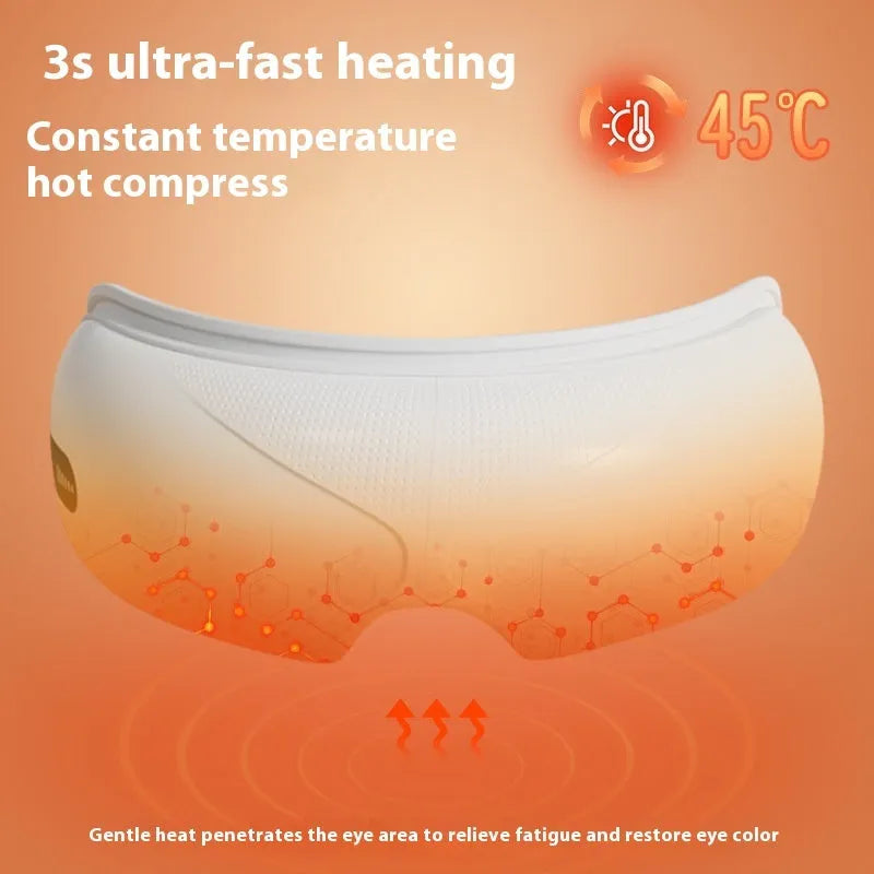 White rechargeable eye massager with airbag compression and heat therapy shown front view.