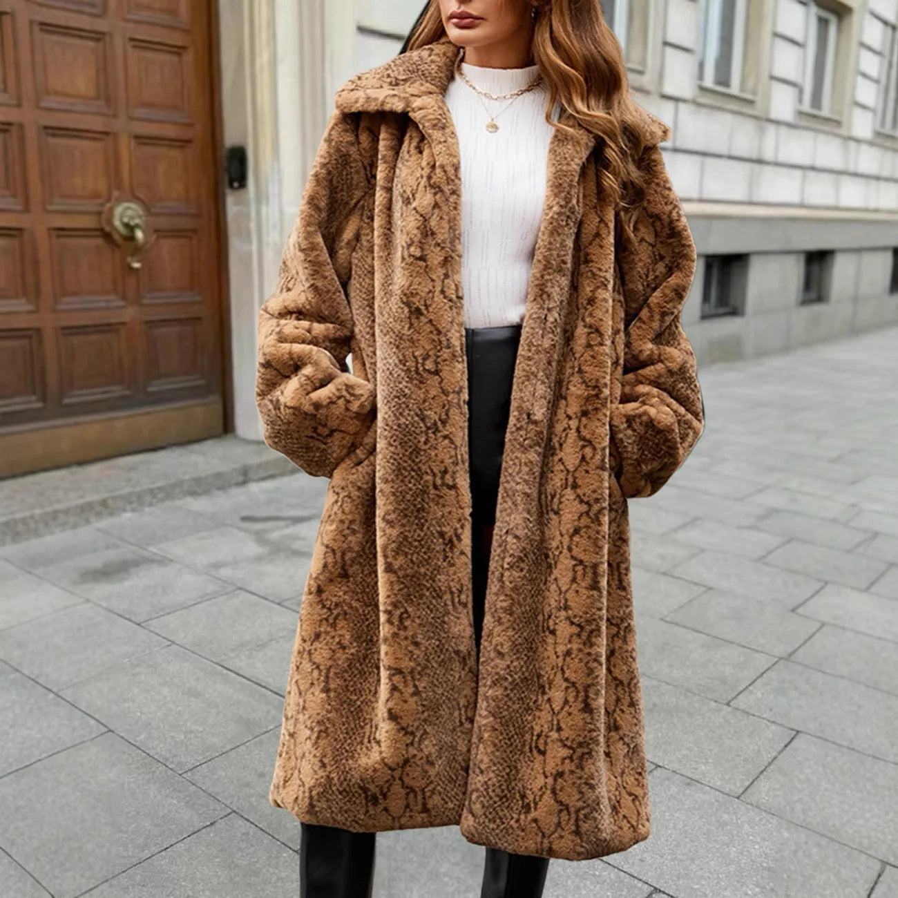 Women's long faux fur coat in leopard print, showing 80cm length and regular sleeves.
