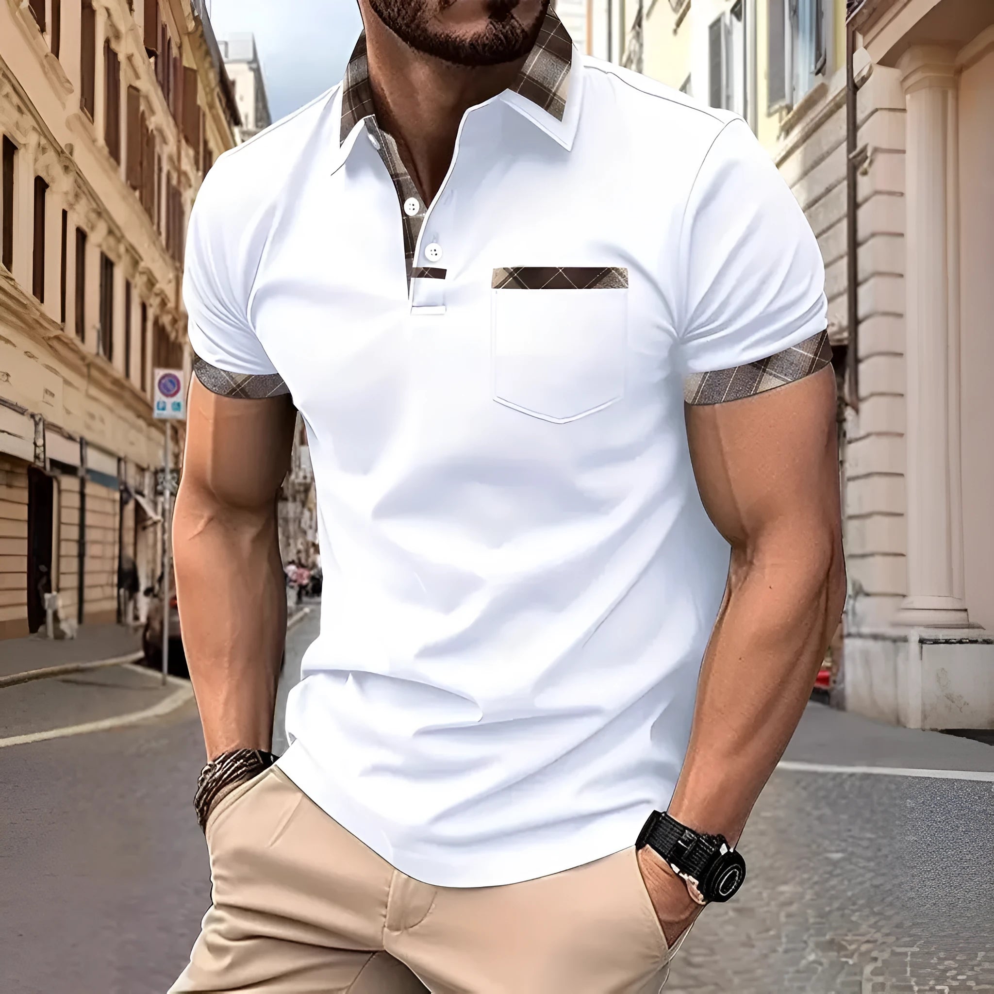 Men's plaid colourblock T-shirt with zip decorations in loose fit style