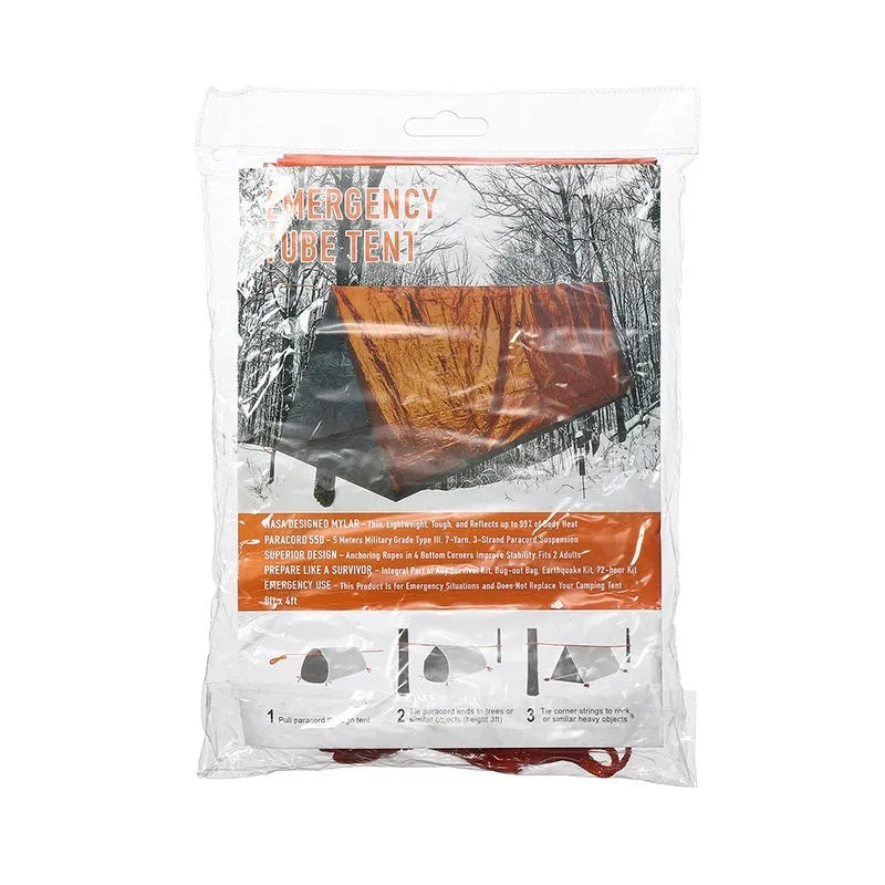 Disaster relief emergency tent with matching raincoat and sleeping bag in orange or green colours