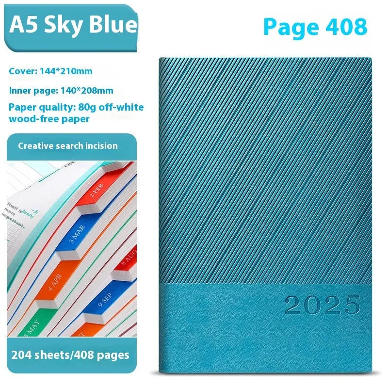 A5 business notepad with striped PU leather cover open on 80g wood-free paper, shown in Sky Blue colour.