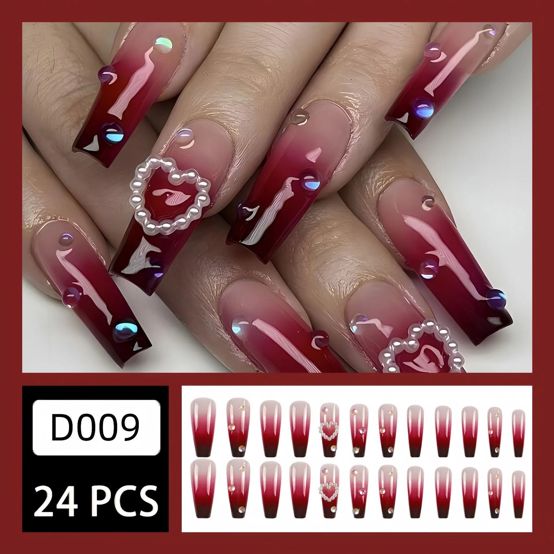 Wine red gradient fake nail tip with pearl heart accent and plaid pattern