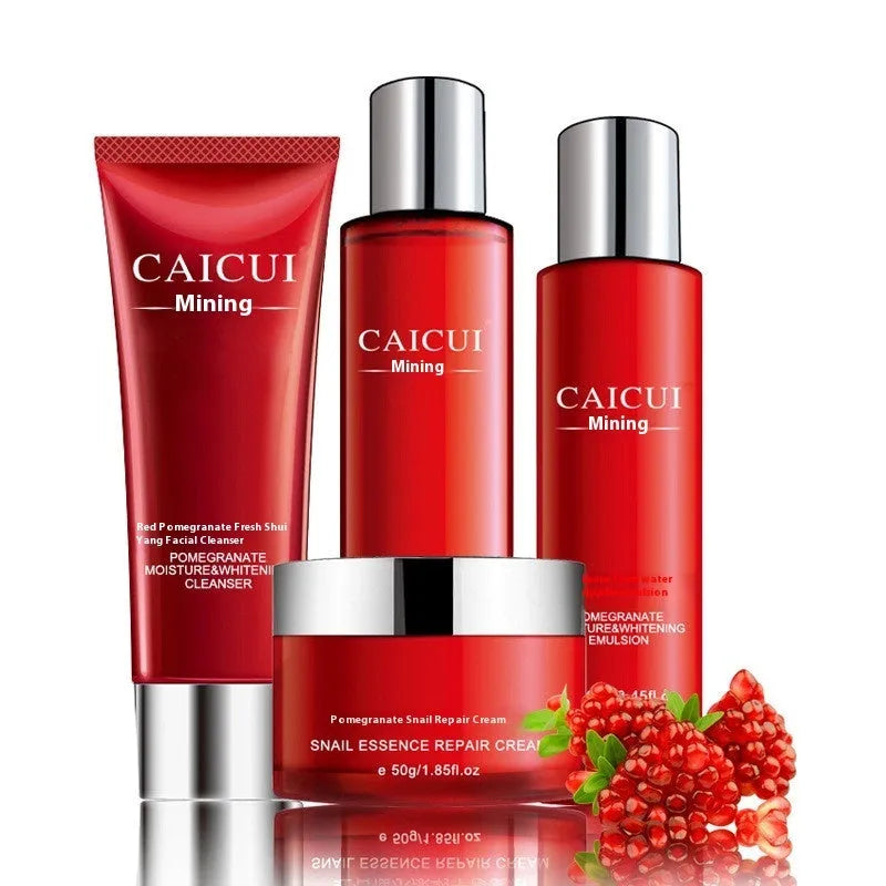 Pomegranate moisturizing skincare set with face wash toner lotion and cream in red packaging