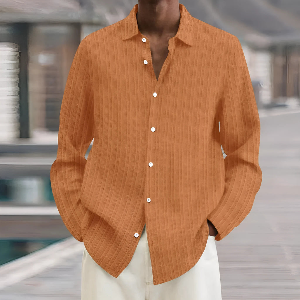 Men's striped cardigan long sleeve shirt in British style loose fit, available in multiple colours