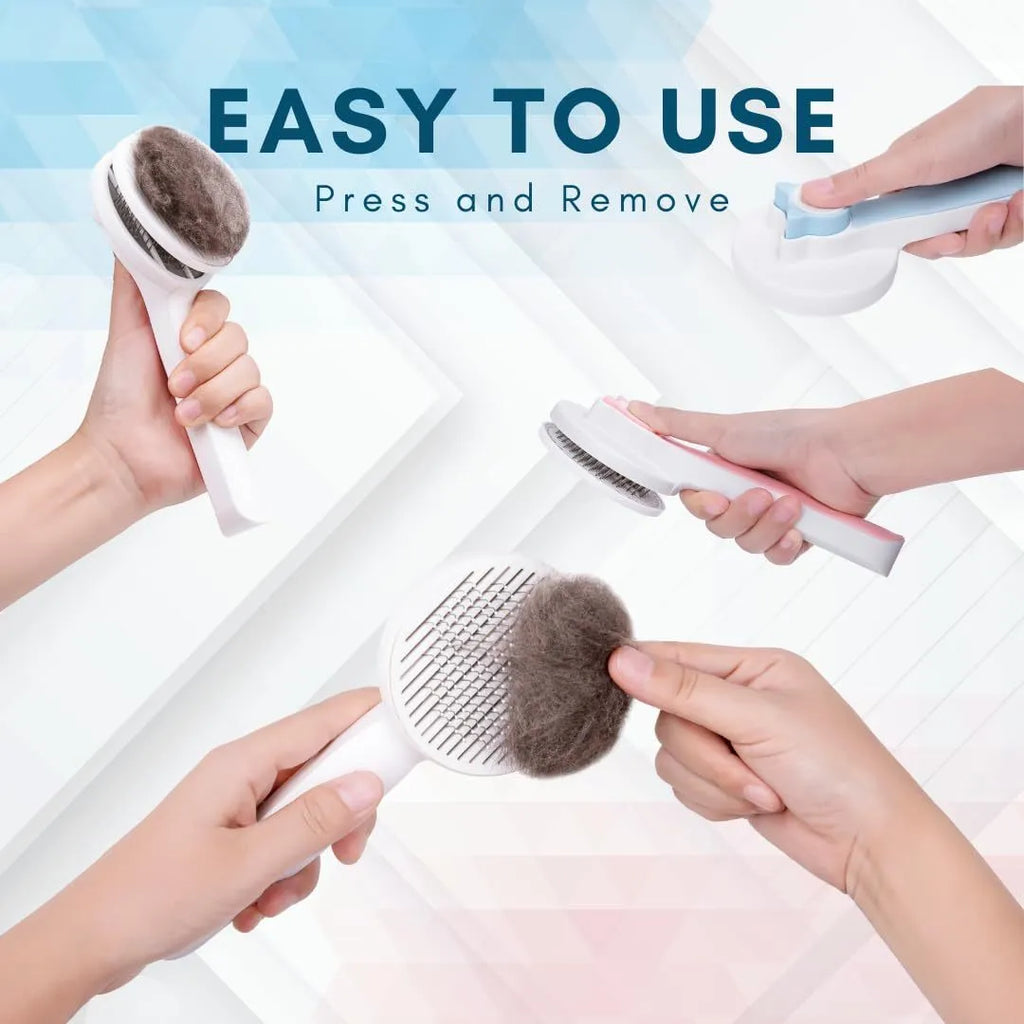 Self-cleaning slicker brush for pet grooming with blue handle and stainless steel pins