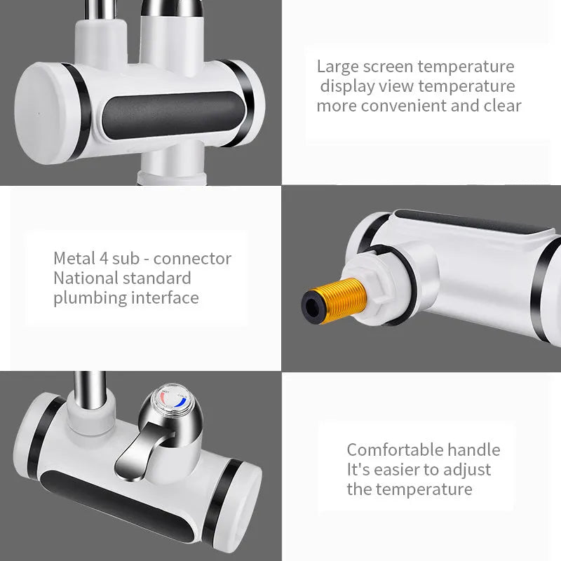White electric water heater tap with digital temperature display showing temperature reading