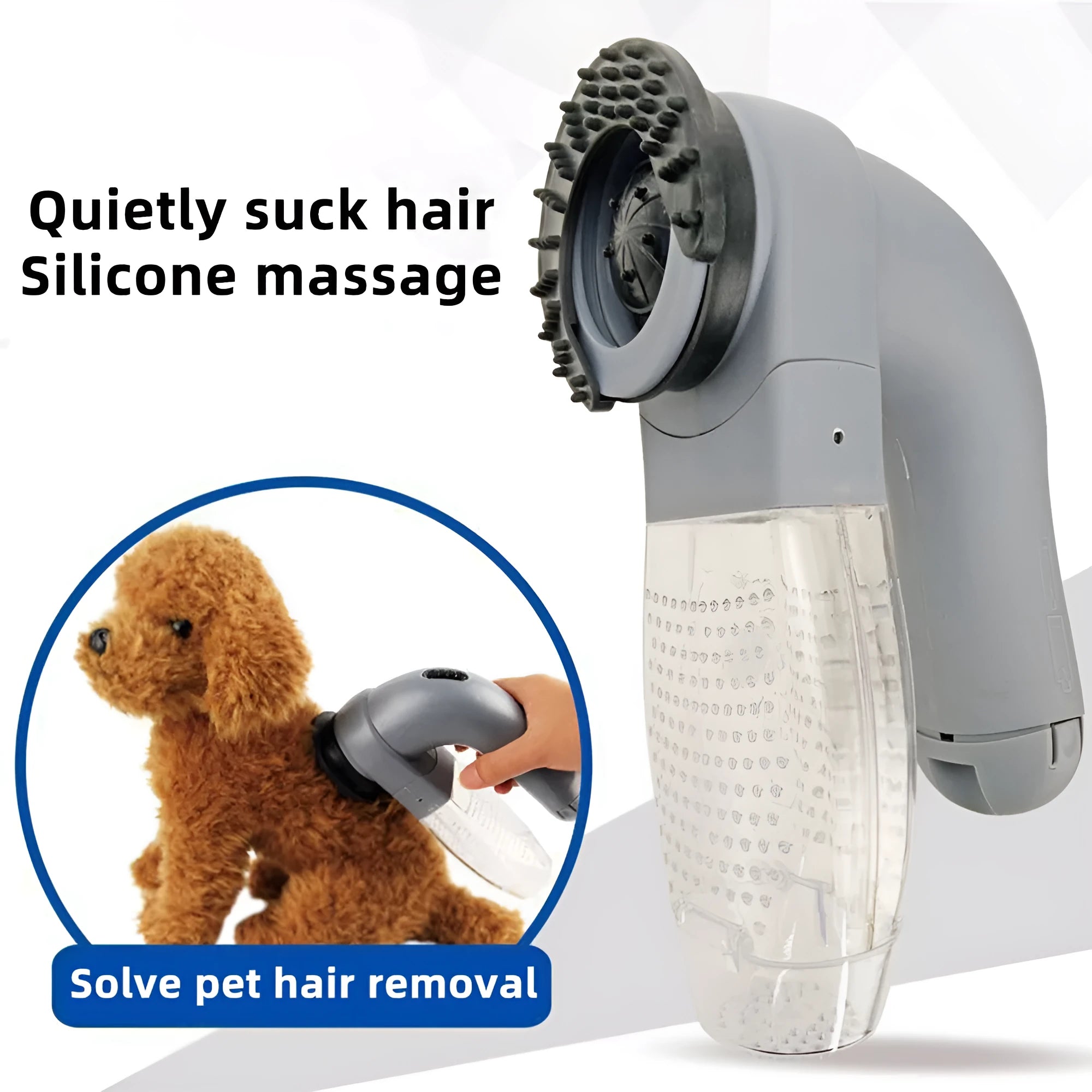 Grey portable pet hair removal vacuum brush with soft rubber head for grooming dogs and cats