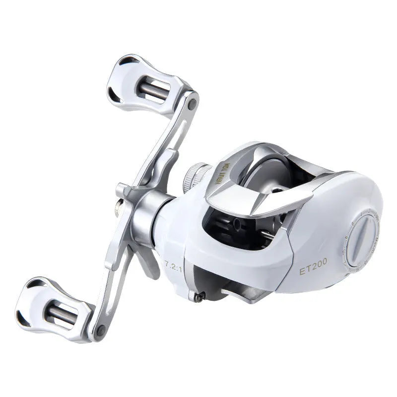 Small white ET Drop Wheel bait casting fishing reel showing drip wheel design