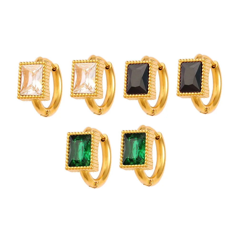 Square zircon stainless steel earrings in geometric design, available in white, black, or green electroplated colours.